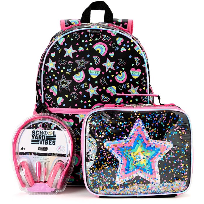 Schoolyard Vibes 17" 3 Piece Backpack Set With Headphones and Kids Lunch Box, Black/Pink