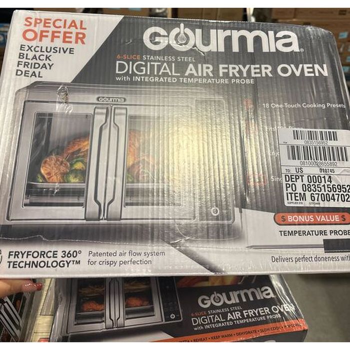gourmia 6-slice digital toaster oven air fryer, with 18 one-touch presets & temp probe, stainless steel
